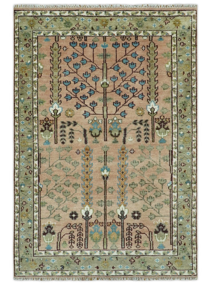 Ready to Ship Pink, Olive and Beige Tree of life Vintage Traditional Wool Rug.