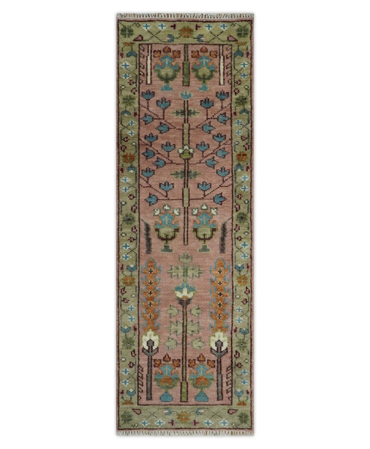 Ready to Ship Pink, Olive and Beige Tree of life Vintage Traditional Wool Rug.