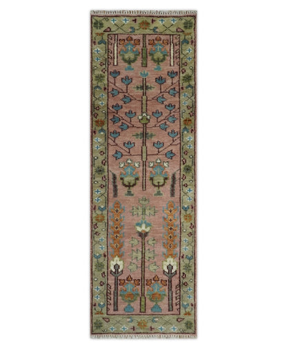 Ready to Ship Pink, Olive and Beige Tree of life Vintage Traditional Wool Rug.