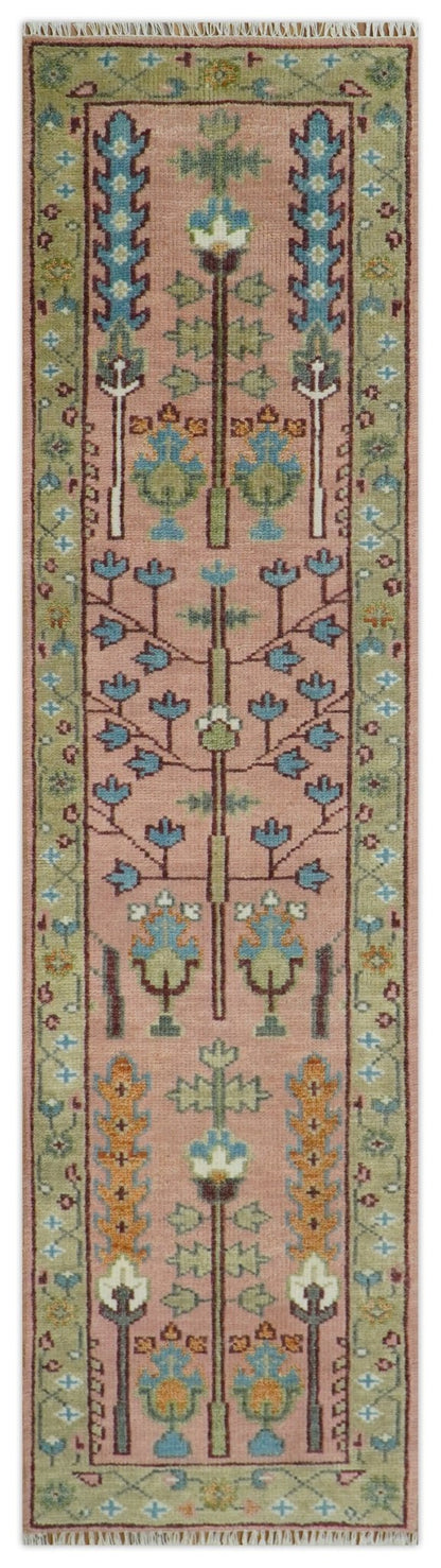 Ready to Ship Pink, Olive and Beige Tree of life Vintage Traditional Wool Rug.
