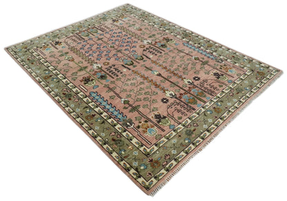 Ready to Ship Pink, Olive and Beige Tree of life Vintage Traditional Wool Rug.