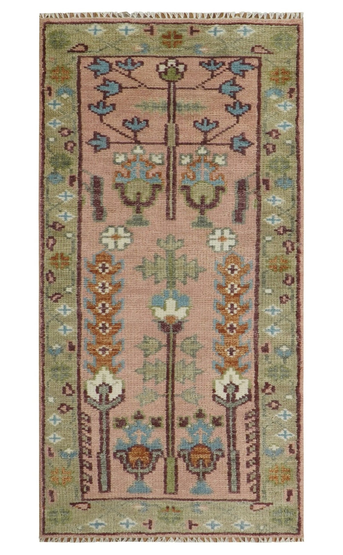 Ready to Ship Pink, Olive and Beige Tree of life Vintage Traditional Wool Rug.