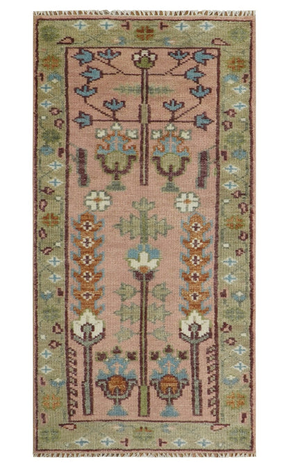 Ready to Ship Pink, Olive and Beige Tree of life Vintage Traditional Wool Rug.