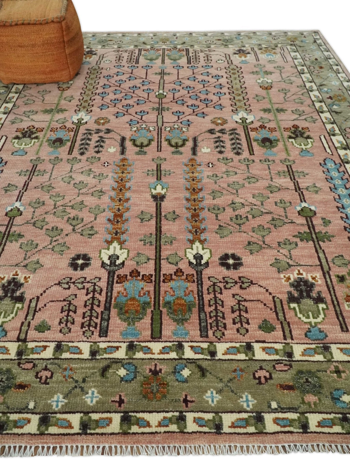 Ready to Ship Pink, Olive and Beige Tree of life Vintage Traditional Wool Rug.