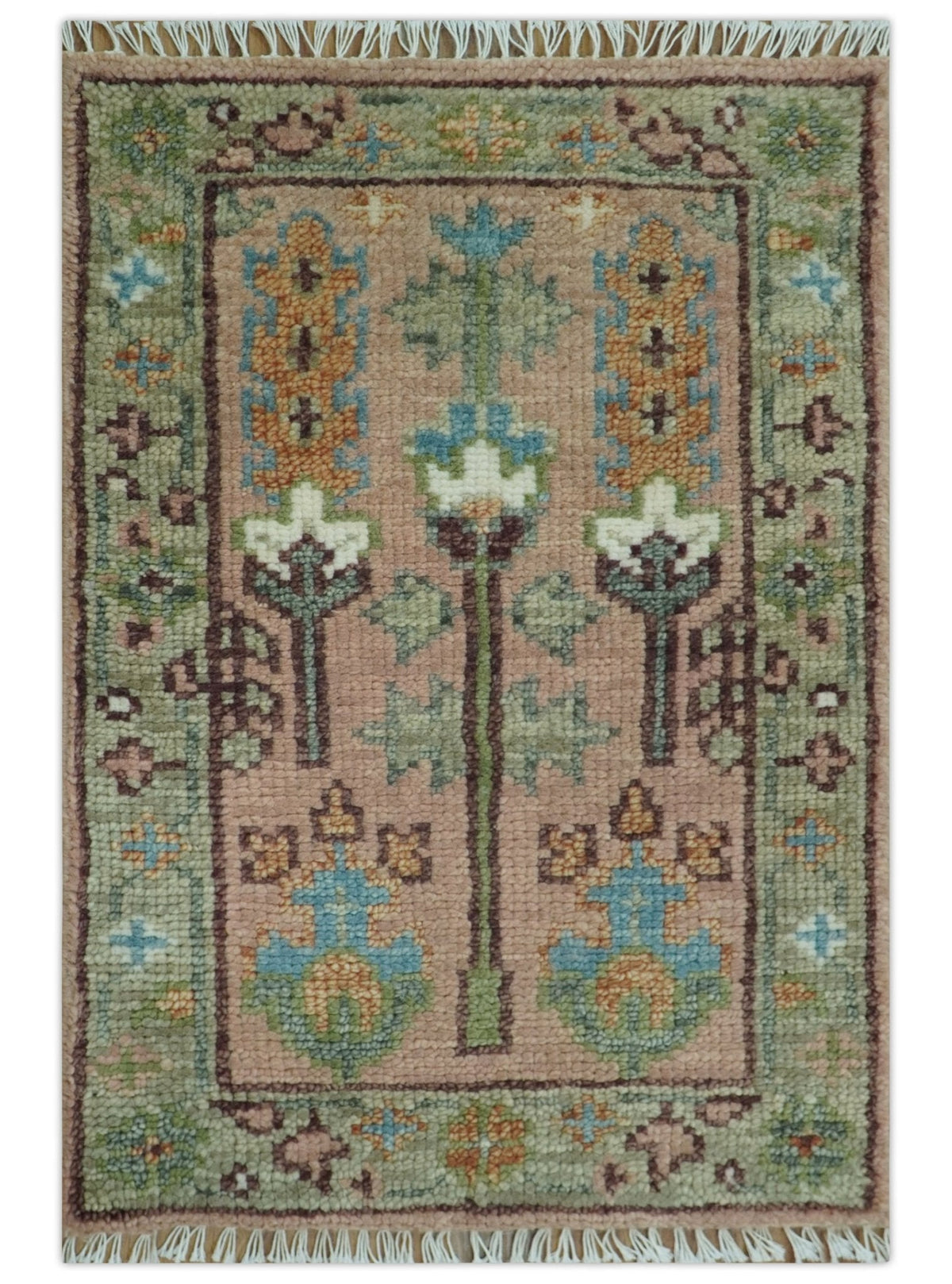 Ready to Ship Pink, Olive and Beige Tree of life Vintage Traditional Wool Rug.