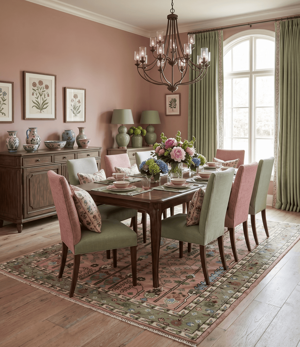 Ready to Ship Pink, Olive and Beige Tree of life Vintage Traditional Wool Rug.
