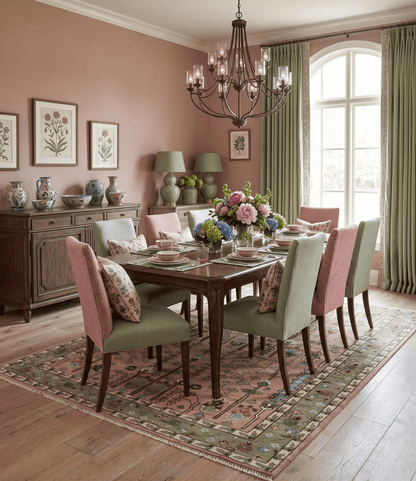Ready to Ship Pink, Olive and Beige Tree of life Vintage Traditional Wool Rug.