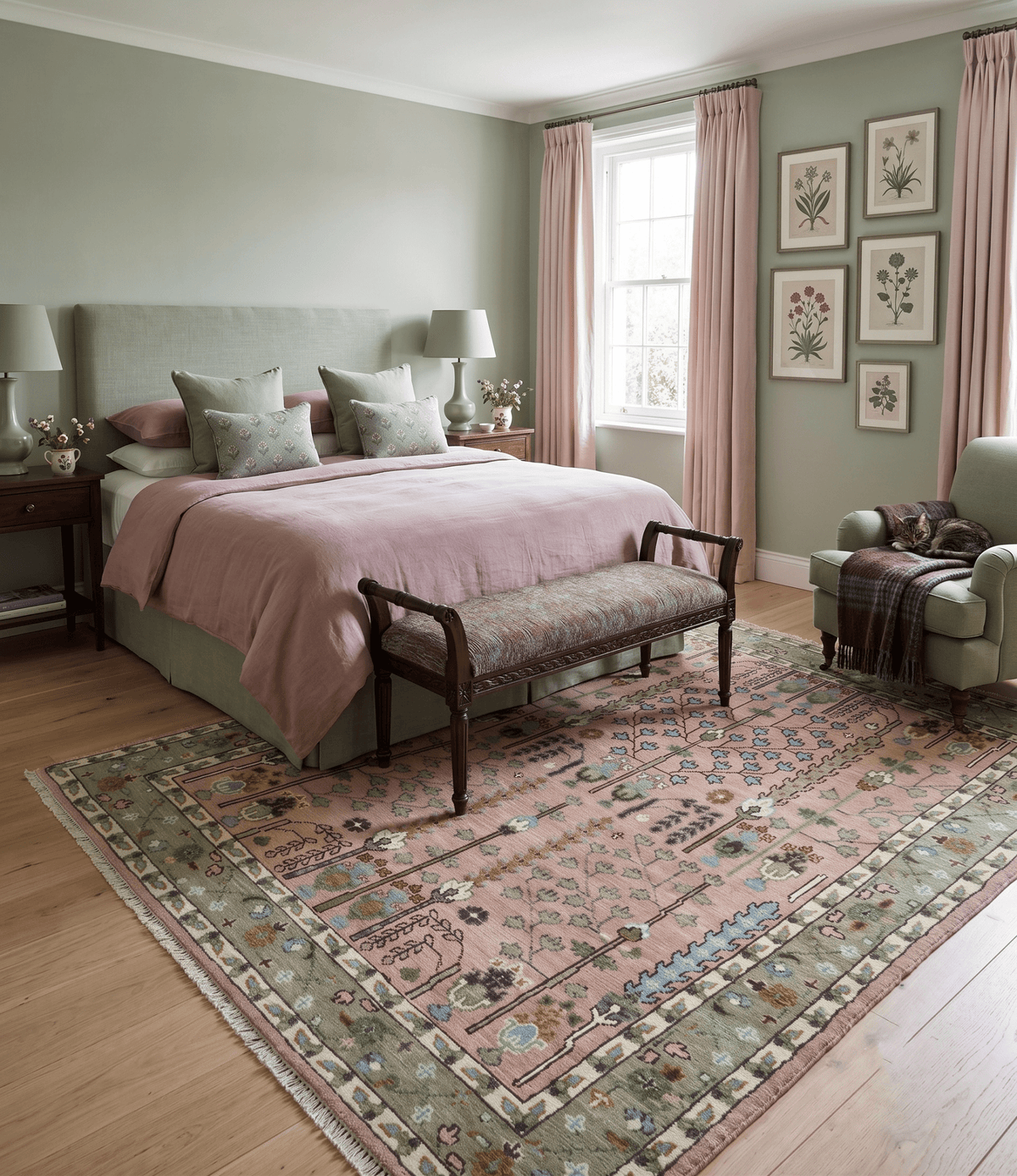 Ready to Ship Pink, Olive and Beige Tree of life Vintage Traditional Wool Rug.
