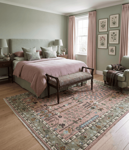 Ready to Ship Pink, Olive and Beige Tree of life Vintage Traditional Wool Rug.