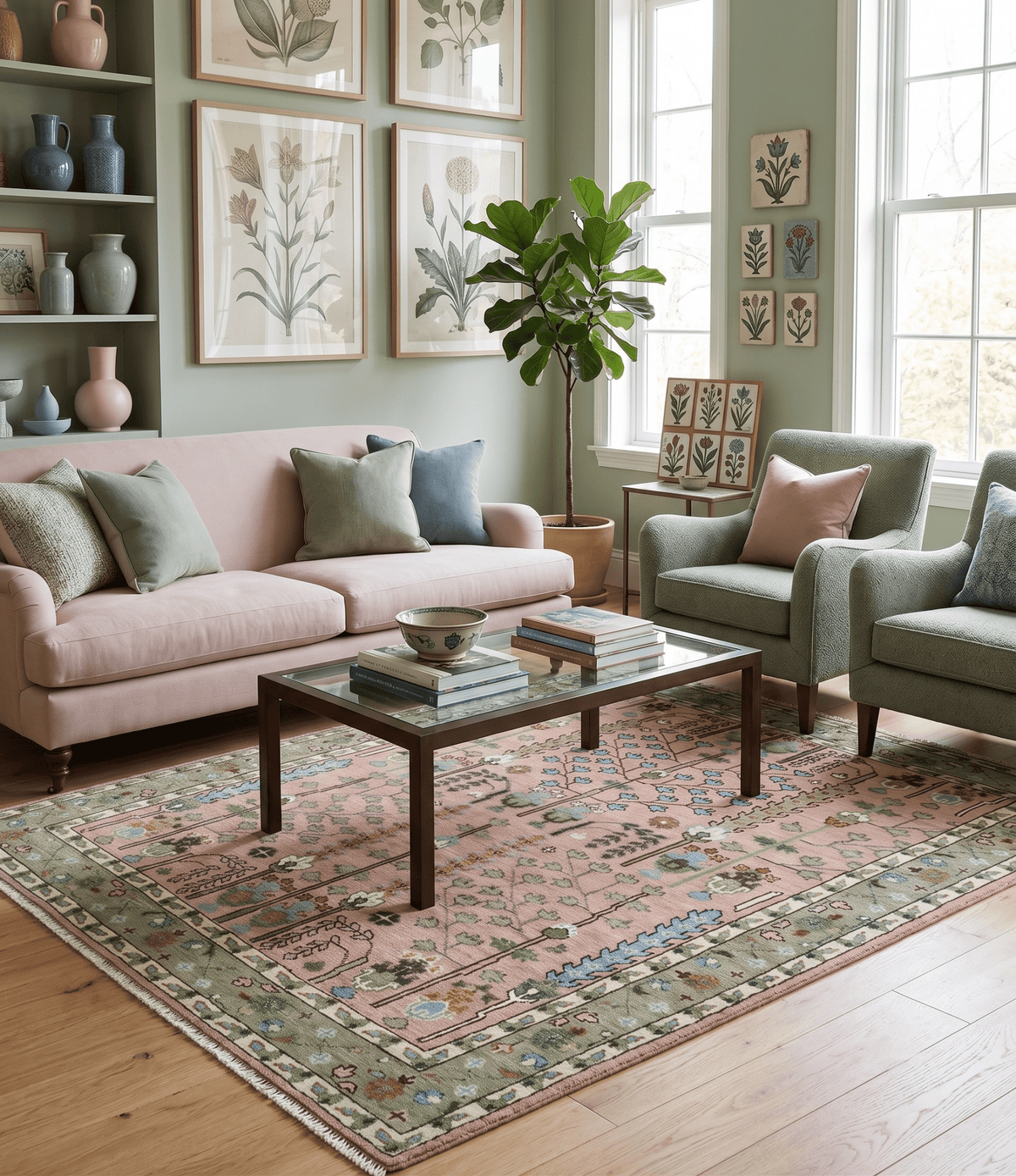 Ready to Ship Pink, Olive and Beige Tree of life Vintage Traditional Wool Rug.
