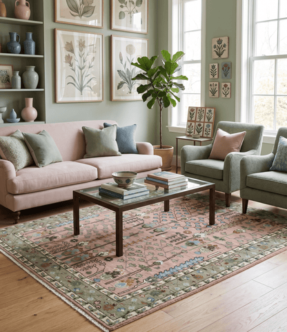 Ready to Ship Pink, Olive and Beige Tree of life Vintage Traditional Wool Rug.