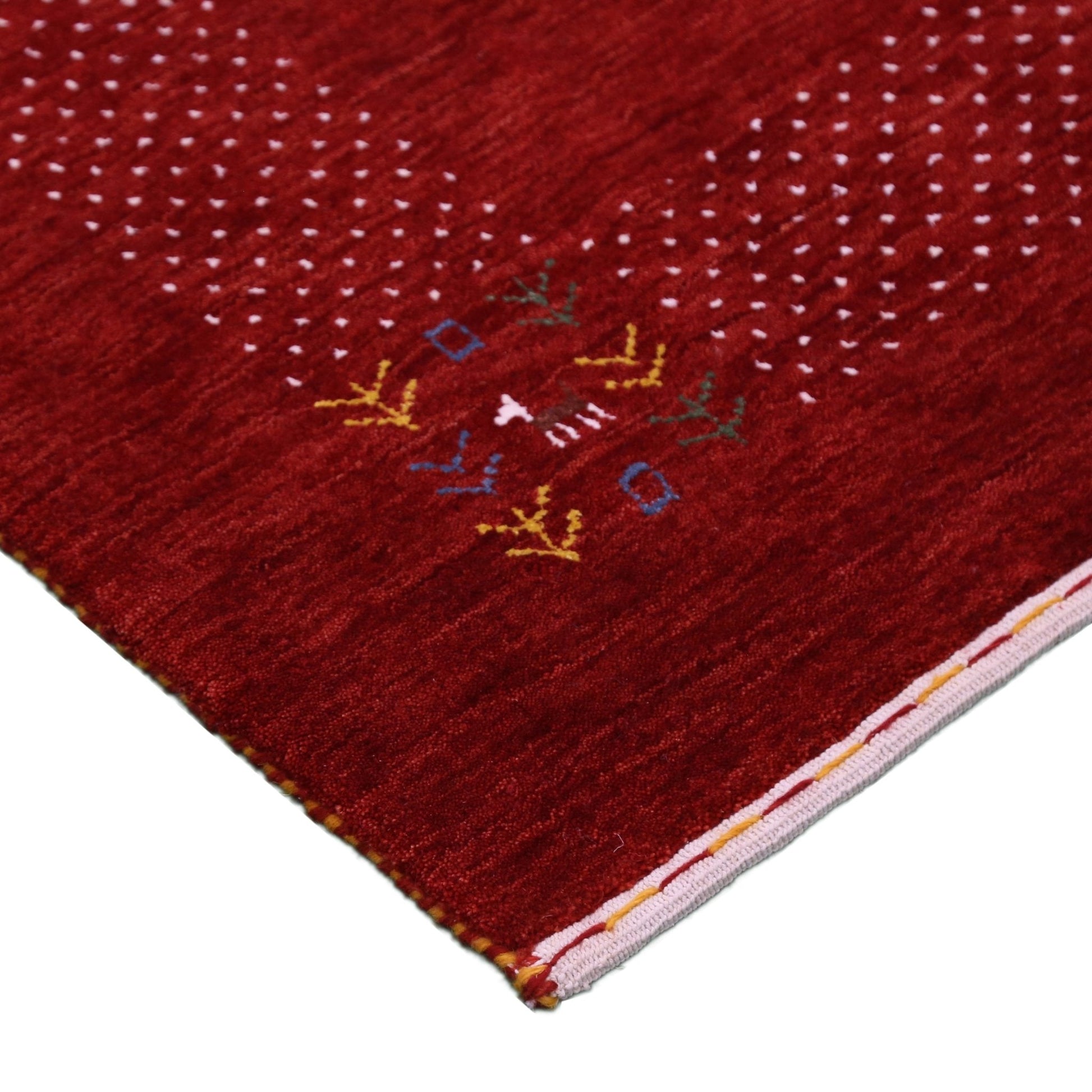 Red Contemporary Border Motifs Hand Loomed Wool Area Rug.