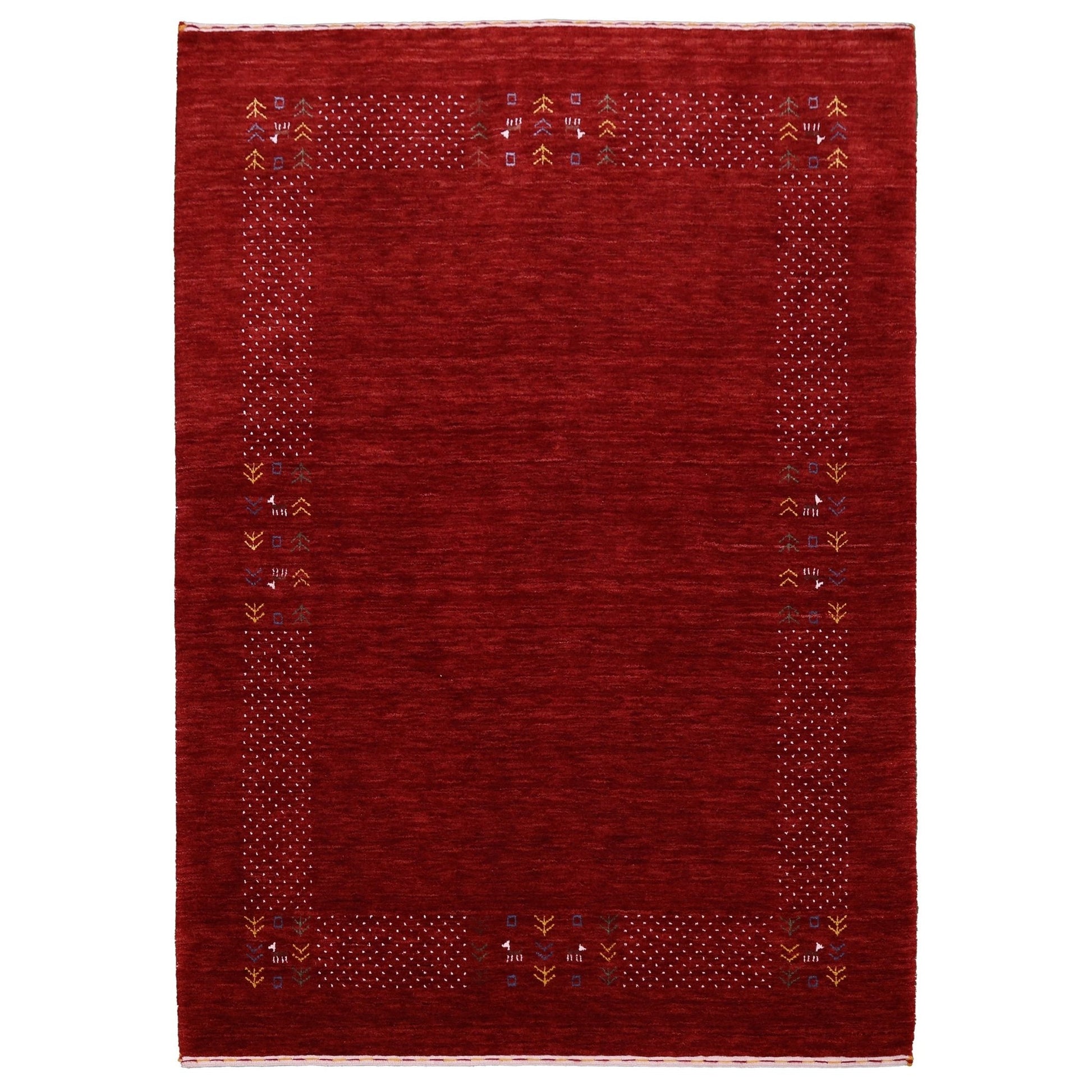 Red Contemporary Border Motifs Hand Loomed Wool Area Rug.