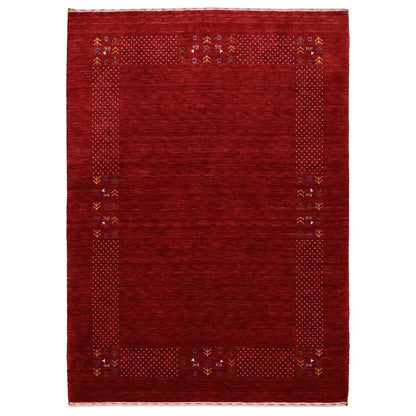 Red Contemporary Border Motifs Hand Loomed Wool Area Rug.