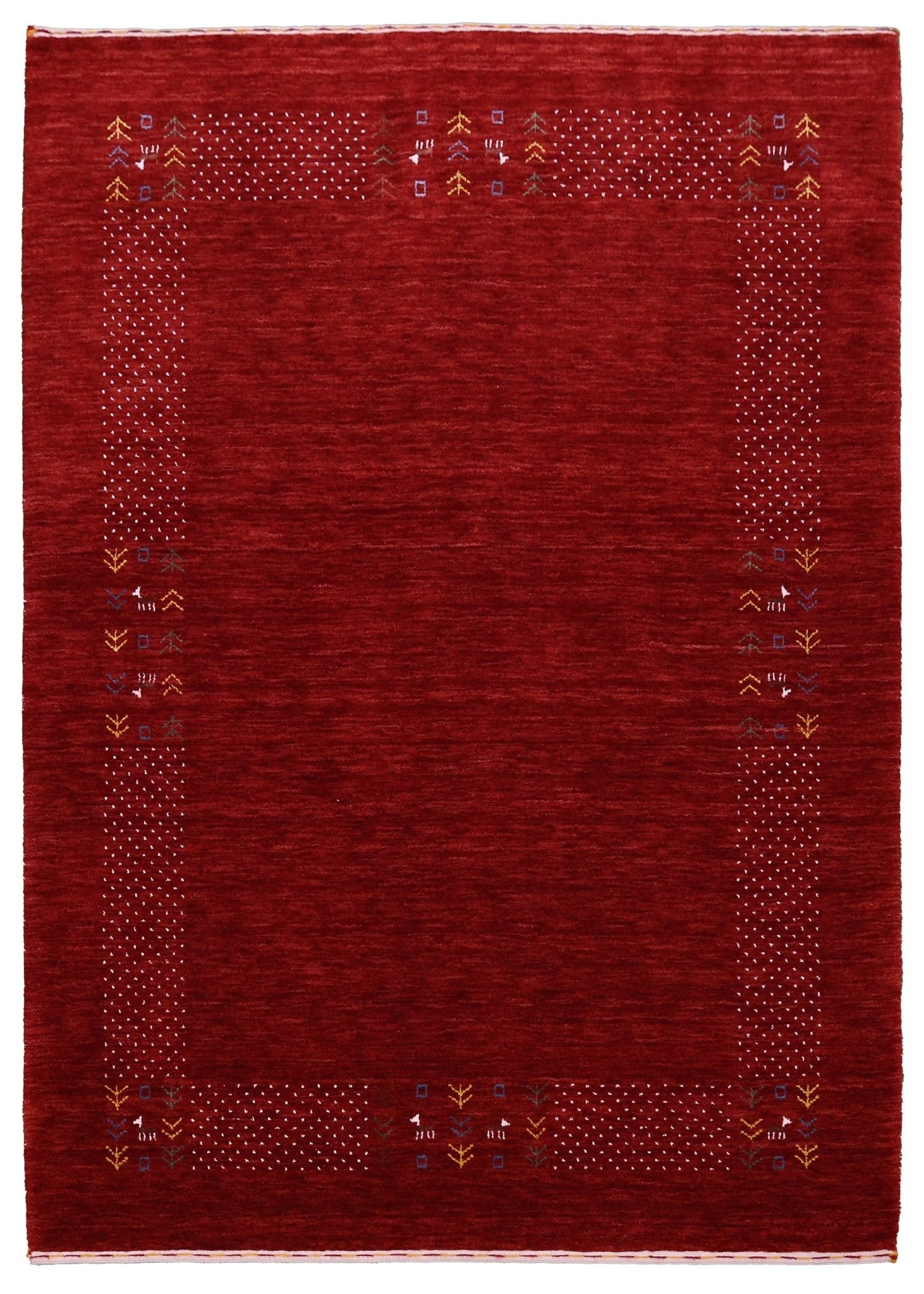 Red Contemporary Border Motifs Hand Loomed Wool Area Rug.