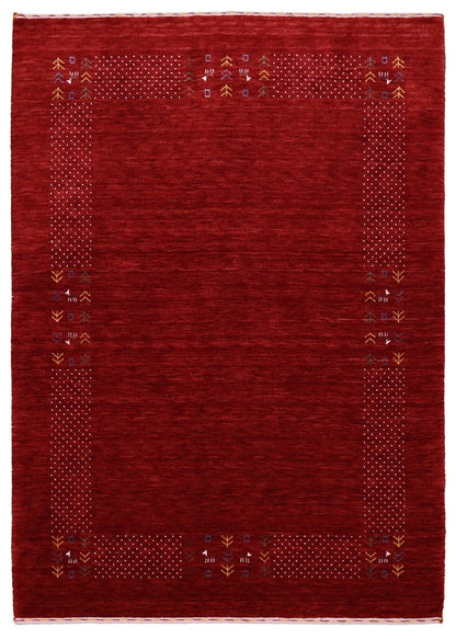 Red Contemporary Border Motifs Hand Loomed Wool Area Rug.