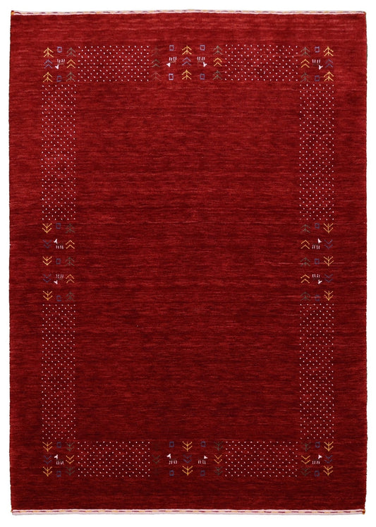 Red Contemporary Border Motifs Hand Loomed Wool Area Rug.