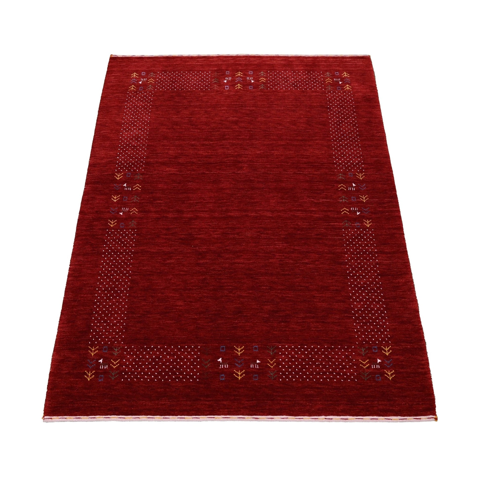 Red Contemporary Border Motifs Hand Loomed Wool Area Rug.