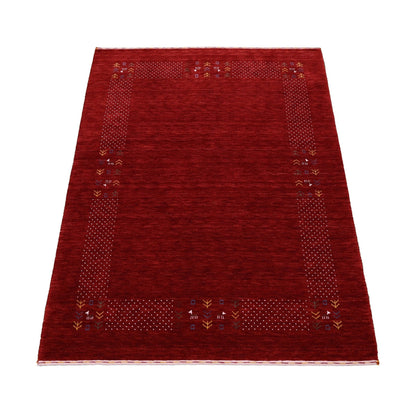 Red Contemporary Border Motifs Hand Loomed Wool Area Rug.