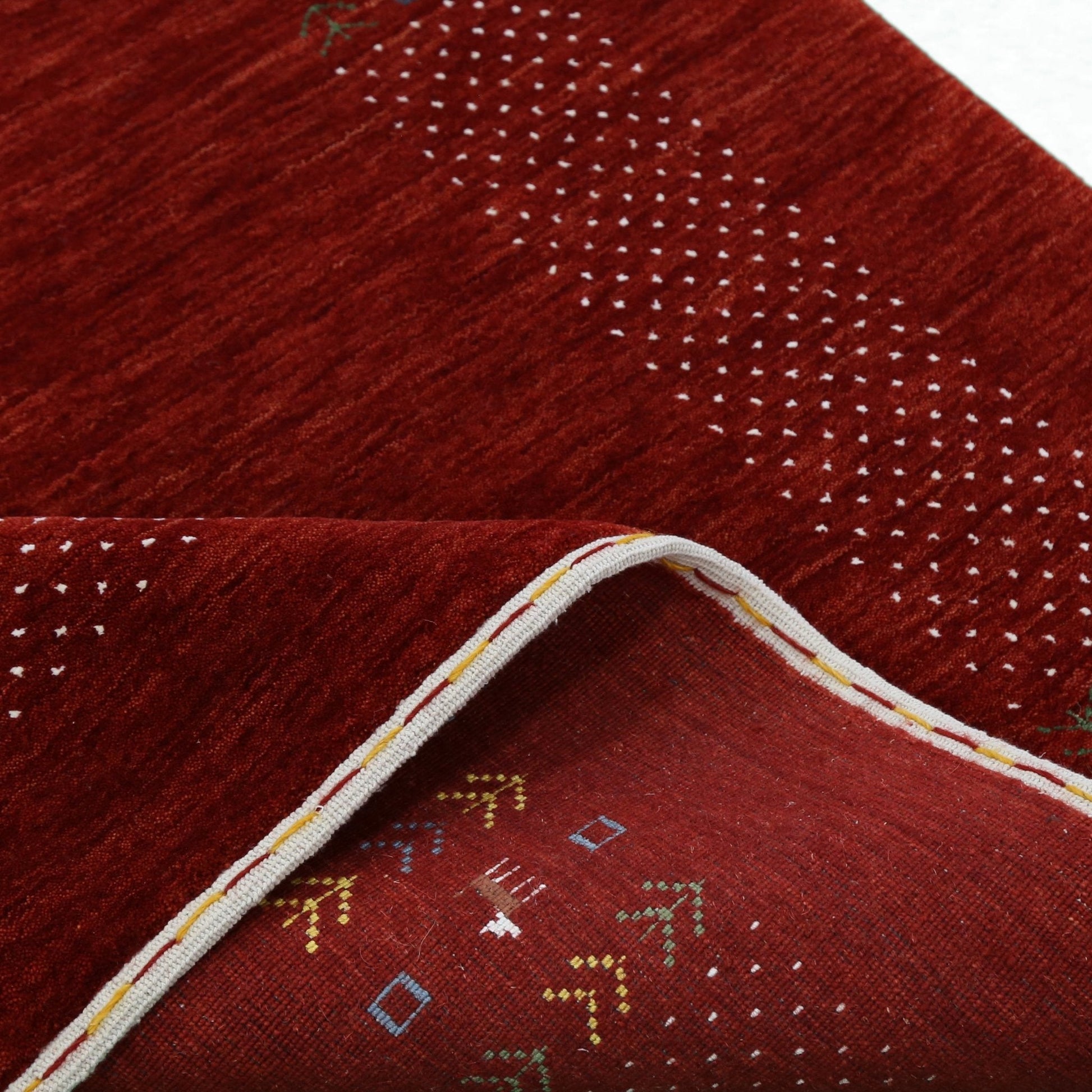 Red Contemporary Border Motifs Hand Loomed Wool Area Rug.