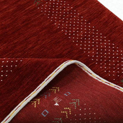 Red Contemporary Border Motifs Hand Loomed Wool Area Rug.