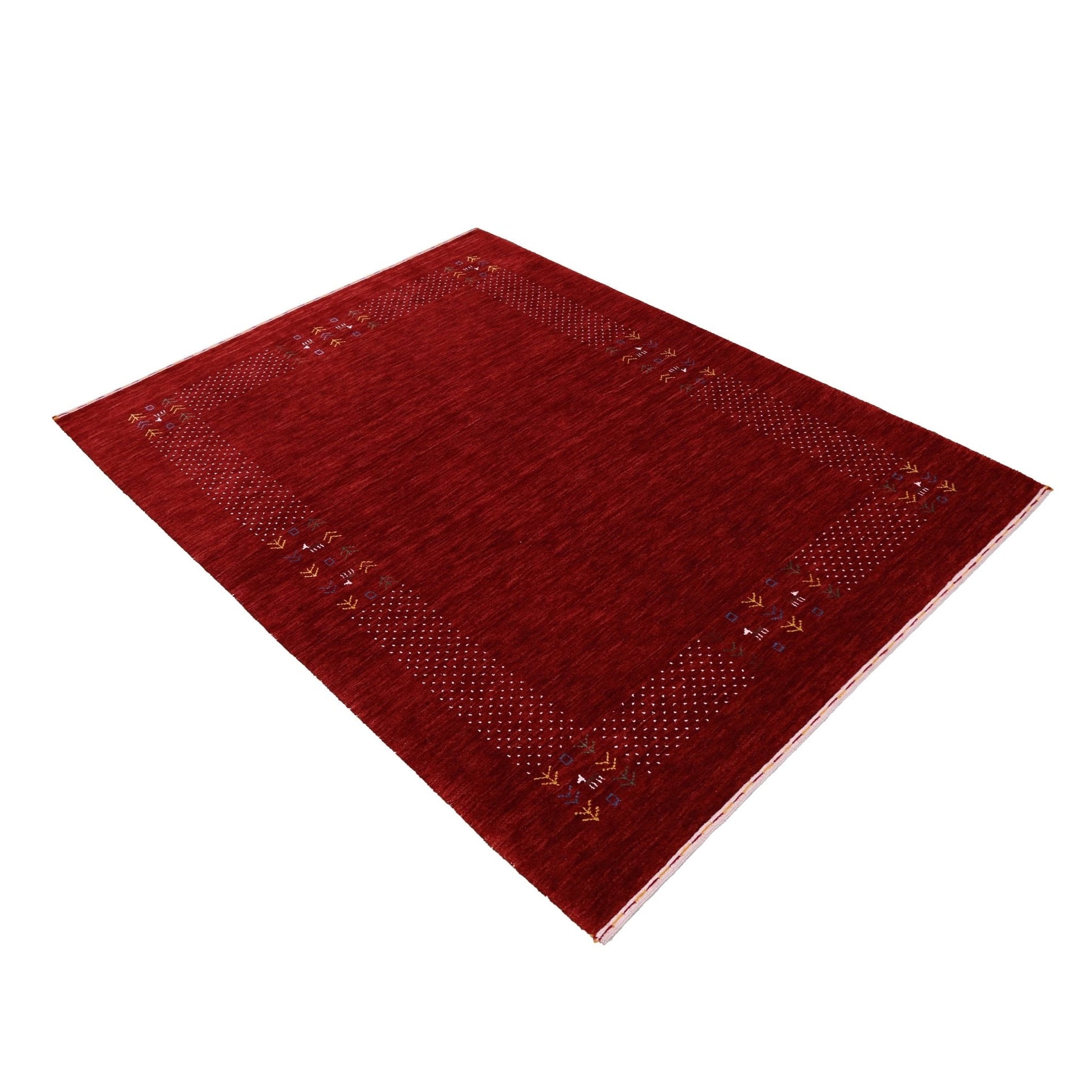 Red Contemporary Border Motifs Hand Loomed Wool Area Rug.