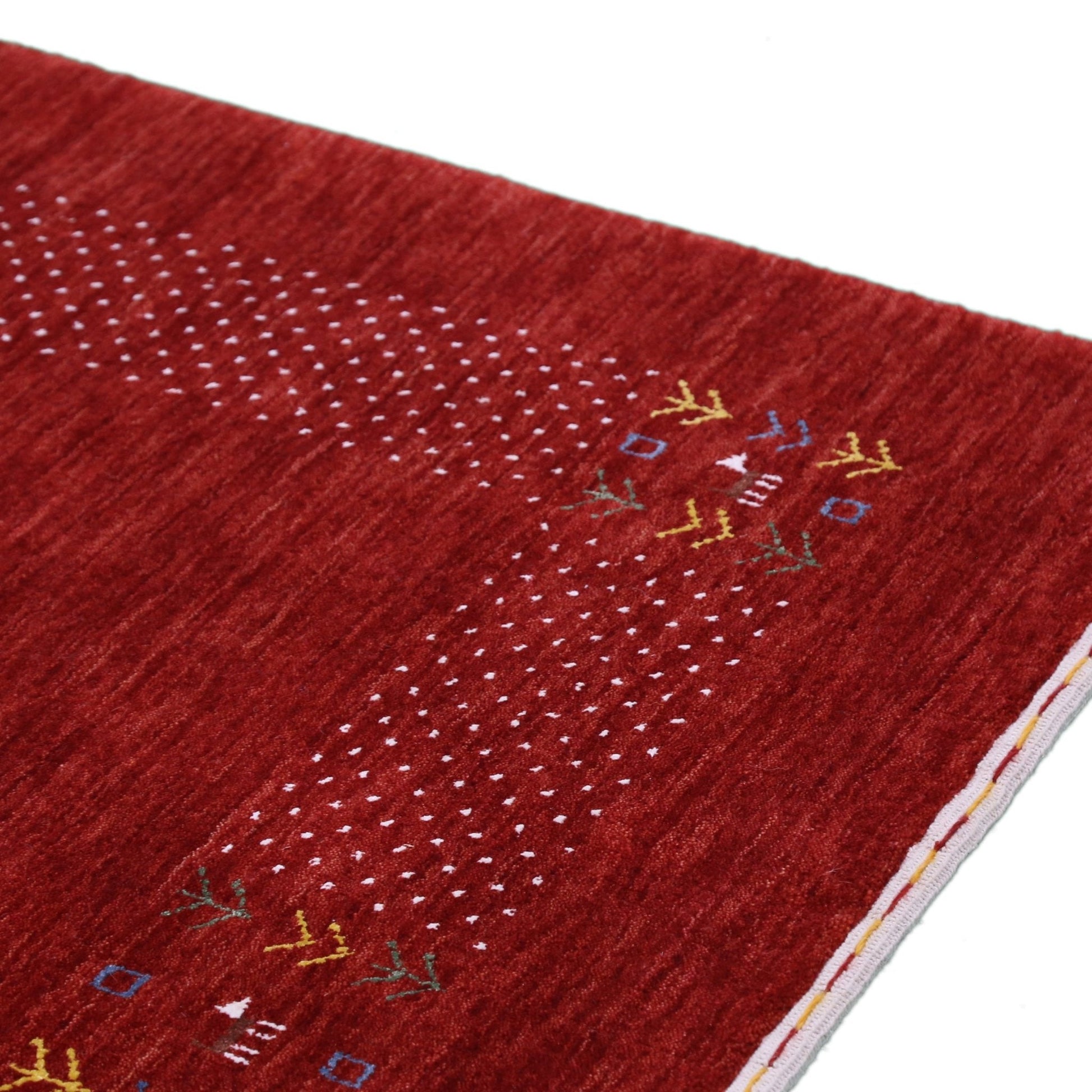 Red Contemporary Border Motifs Hand Loomed Wool Area Rug.