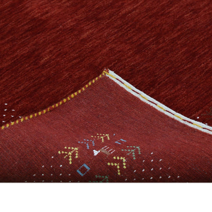 Red Contemporary Border Motifs Hand Loomed Wool Area Rug.