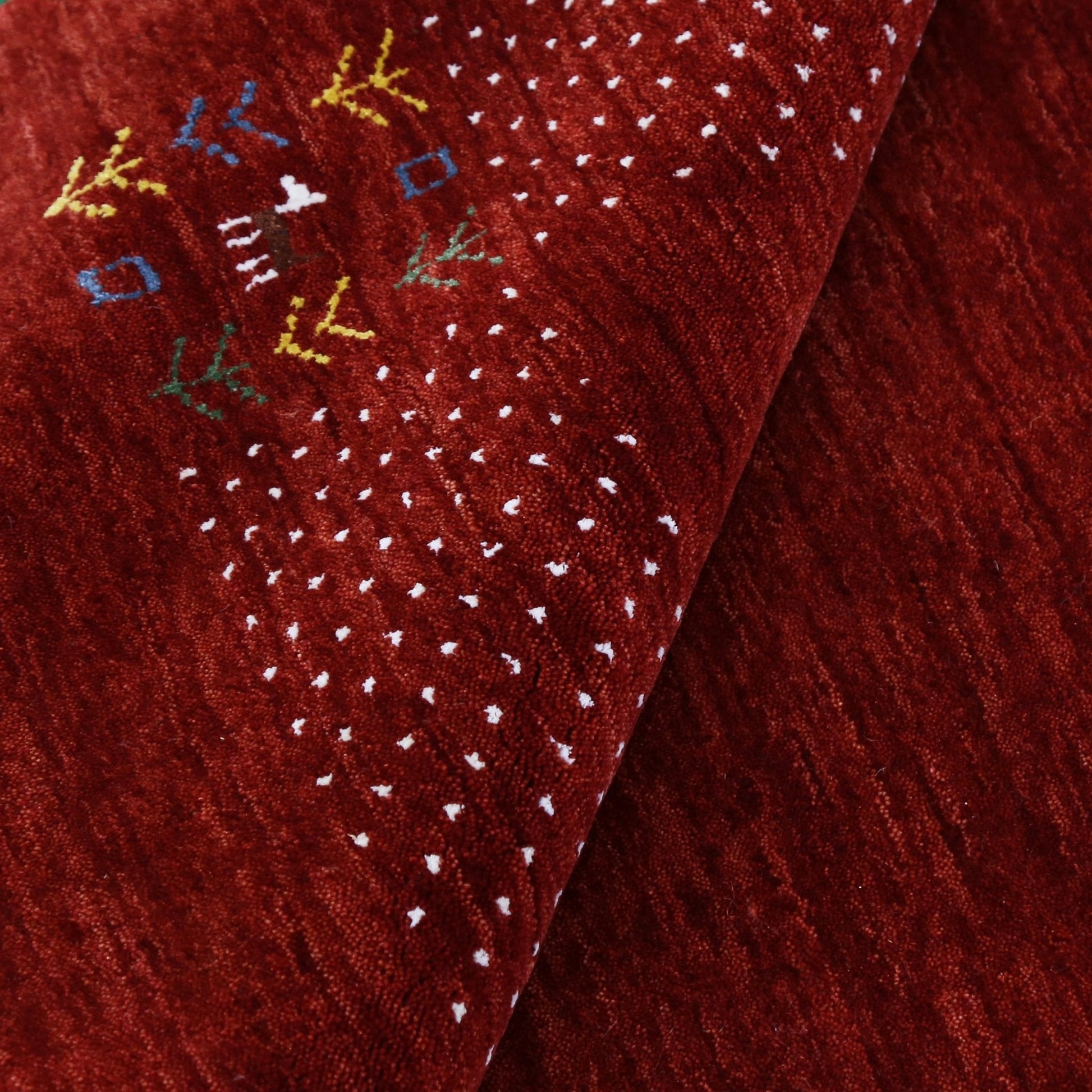 Red Contemporary Border Motifs Hand Loomed Wool Area Rug.