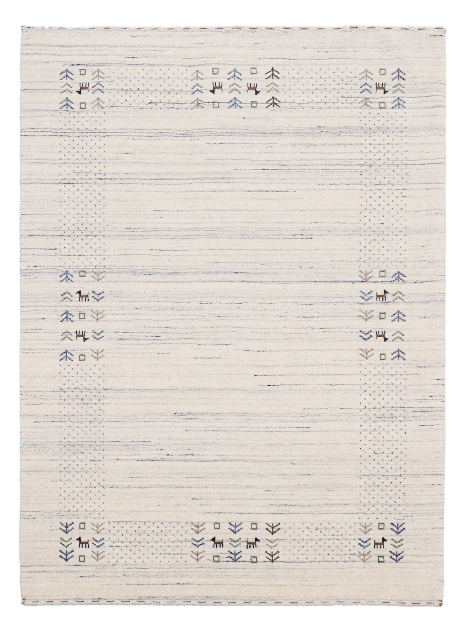 Solid Ivory Border Patterns Hand Loomed Wool Area Rug.