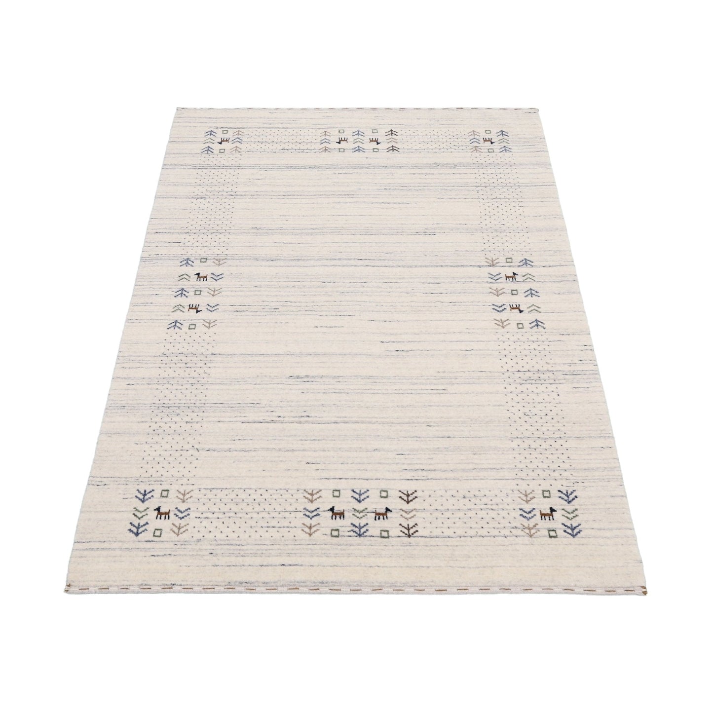 Solid Ivory Border Patterns Hand Loomed Wool Area Rug.