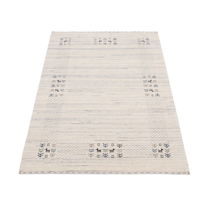 Solid Ivory Border Patterns Hand Loomed Wool Area Rug.