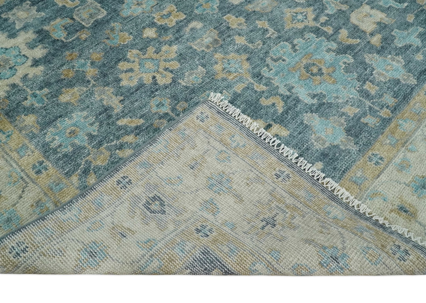 Ready to Ship Teal Blue Hand Knotted Oriental Oushak Ivory and Beige Wool Area Rug
