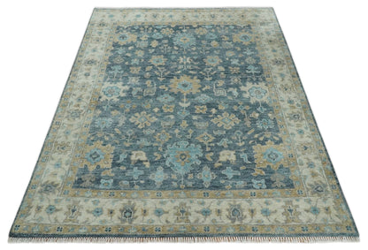 Ready to Ship Teal Blue Hand Knotted Oriental Oushak Ivory and Beige Wool Area Rug
