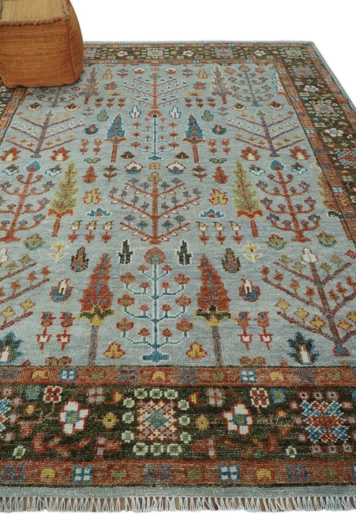 Ready to Ship Tree of Life Hand Knotted Silver, Brown and Rust Traditional Oushak Wool Rug.