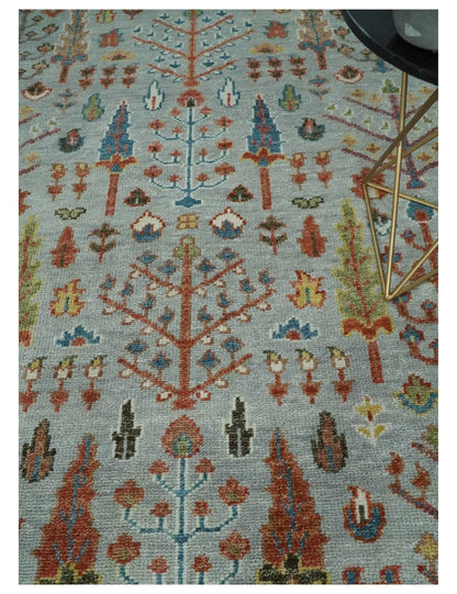 Ready to Ship Tree of Life Hand Knotted Silver, Brown and Rust Traditional Oushak Wool Rug.