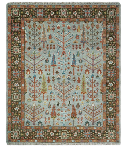 Ready to Ship Tree of Life Hand Knotted Silver, Brown and Rust Traditional Oushak Wool Rug.