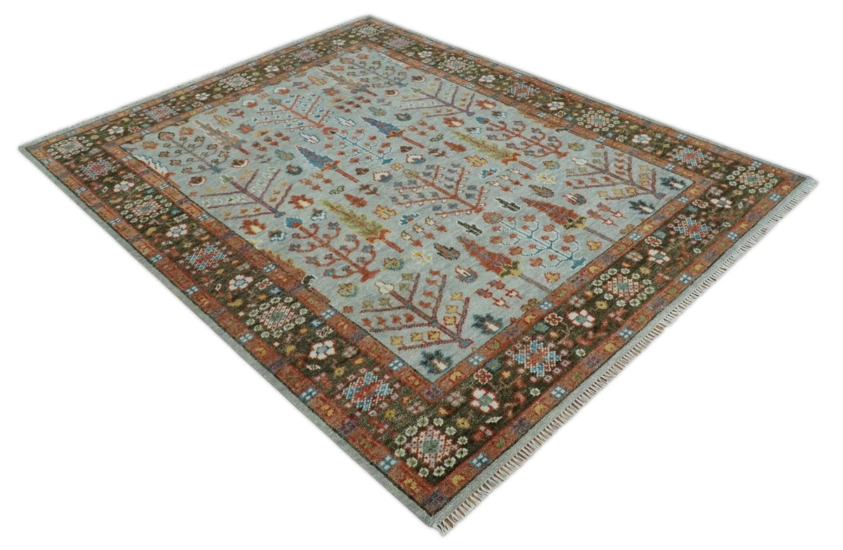 Ready to Ship Tree of Life Hand Knotted Silver, Brown and Rust Traditional Oushak Wool Rug.