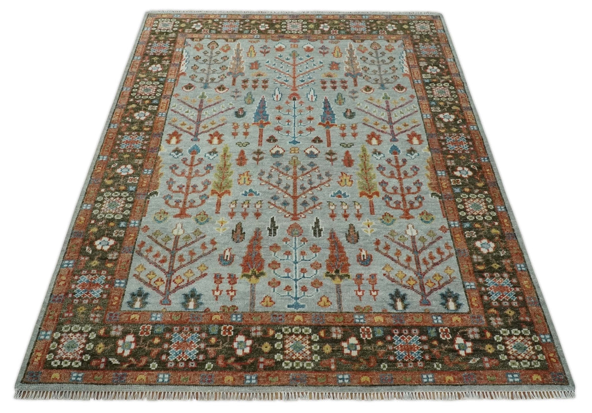 Ready to Ship Tree of Life Hand Knotted Silver, Brown and Rust Traditional Oushak Wool Rug.