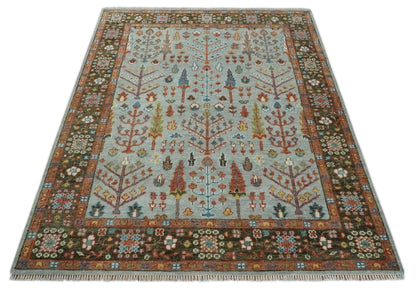 Ready to Ship Tree of Life Hand Knotted Silver, Brown and Rust Traditional Oushak Wool Rug.