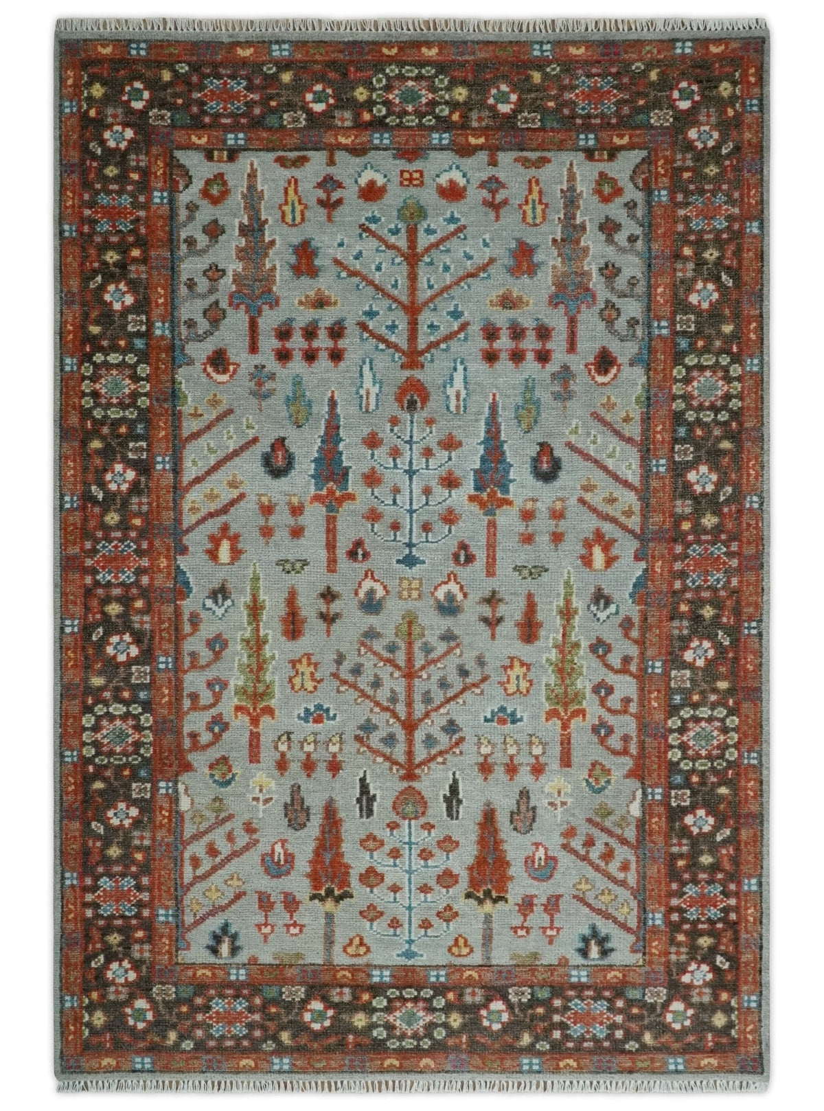 Ready to Ship Tree of Life Hand Knotted Silver, Brown and Rust Traditional Oushak Wool Rug.