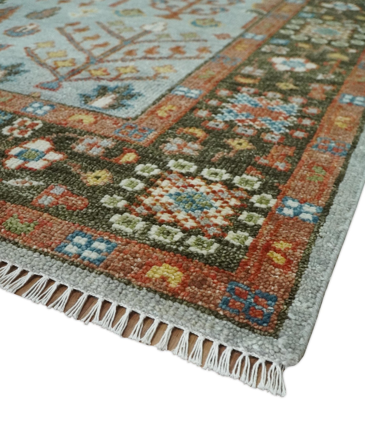 Ready to Ship Tree of Life Hand Knotted Silver, Brown and Rust Traditional Oushak Wool Rug.