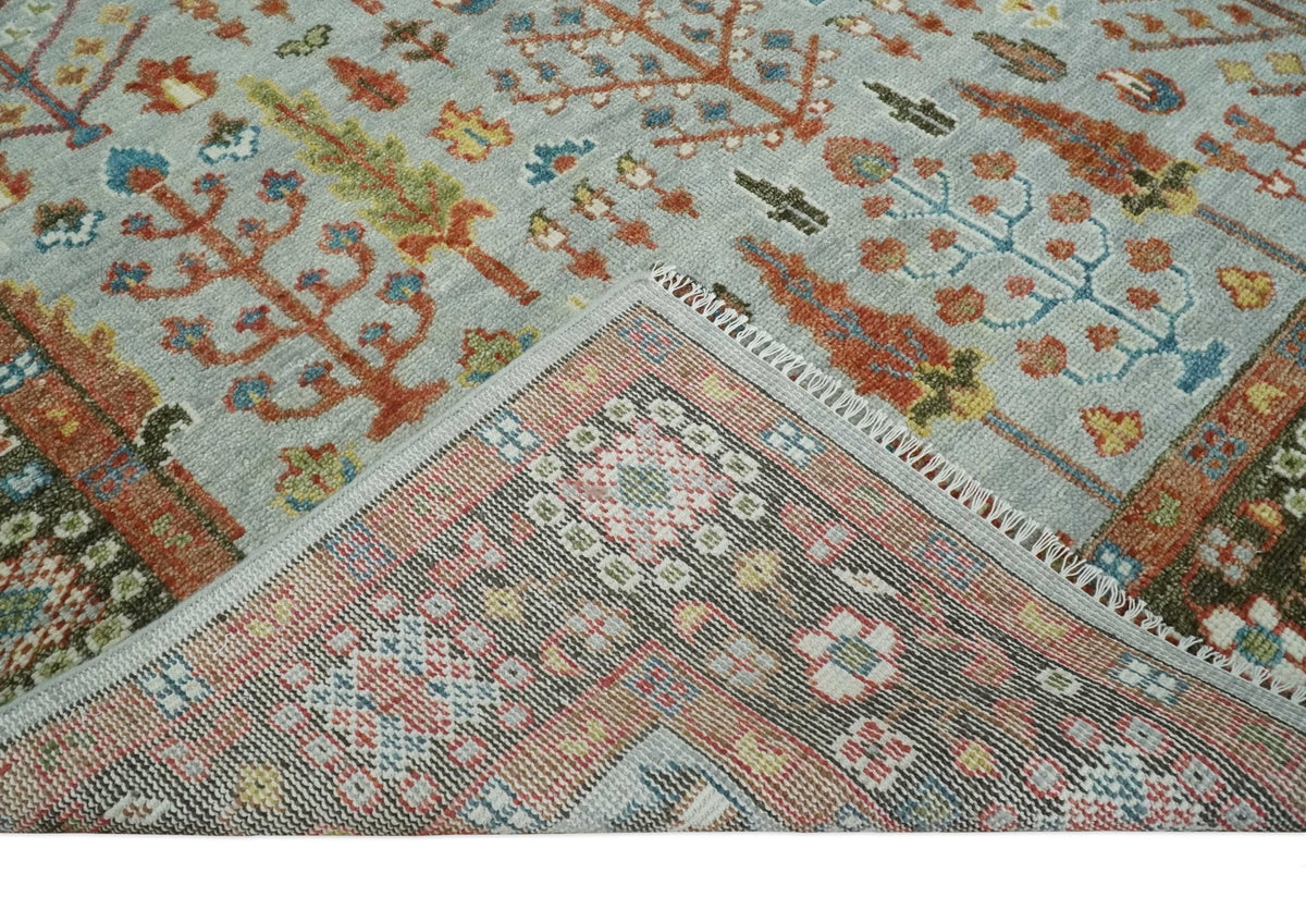 Ready to Ship Tree of Life Hand Knotted Silver, Brown and Rust Traditional Oushak Wool Rug.