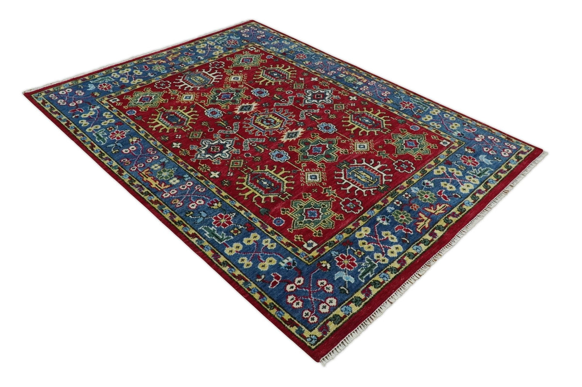 Custom Made Maroon and Blue Antique Turkish Hand Knotted Wool Area Rug.