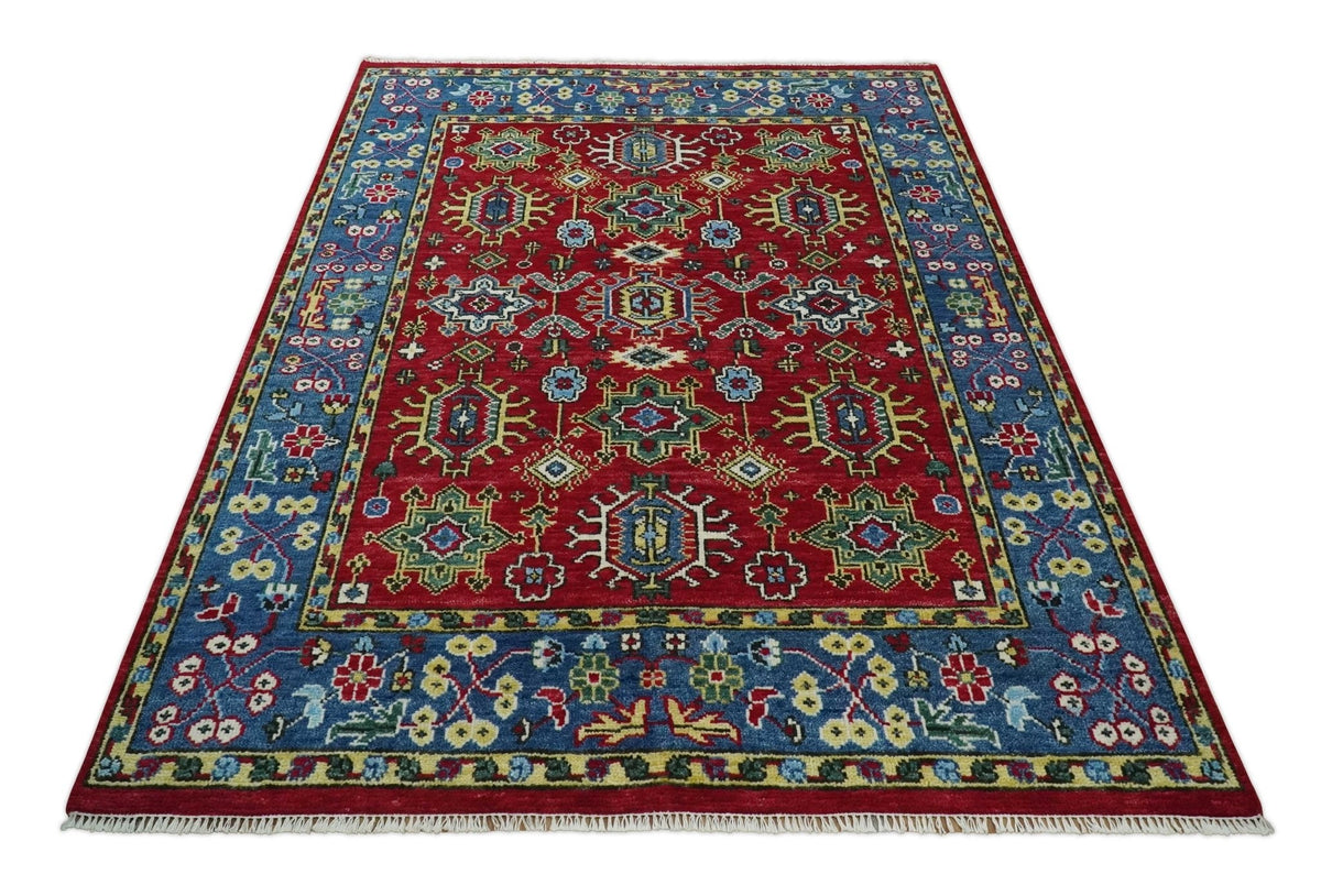 Custom Made Maroon and Blue Antique Turkish Hand Knotted Wool Area Rug.