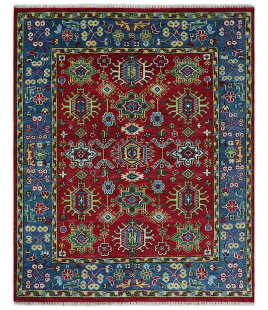 Custom Made Maroon and Blue Antique Turkish Hand Knotted Wool Area Rug.