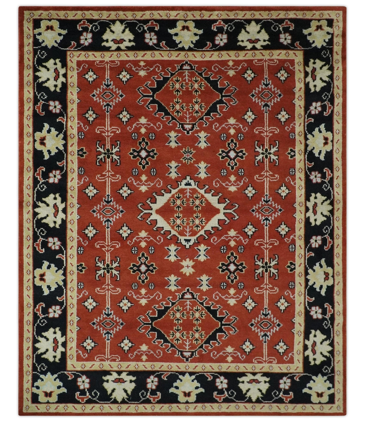 Rust, Black and Beige Traditional Oriental Hand Knotted Custom Made Wool Area Rug.