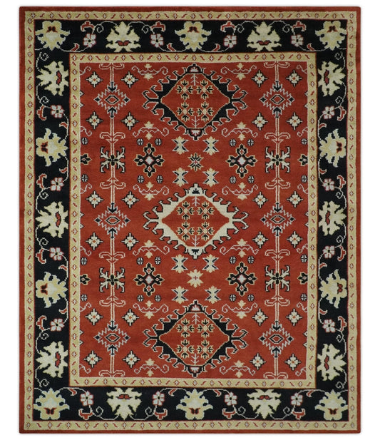 Rust, Black and Beige Traditional Oriental Hand Knotted Custom Made Wool Area Rug.