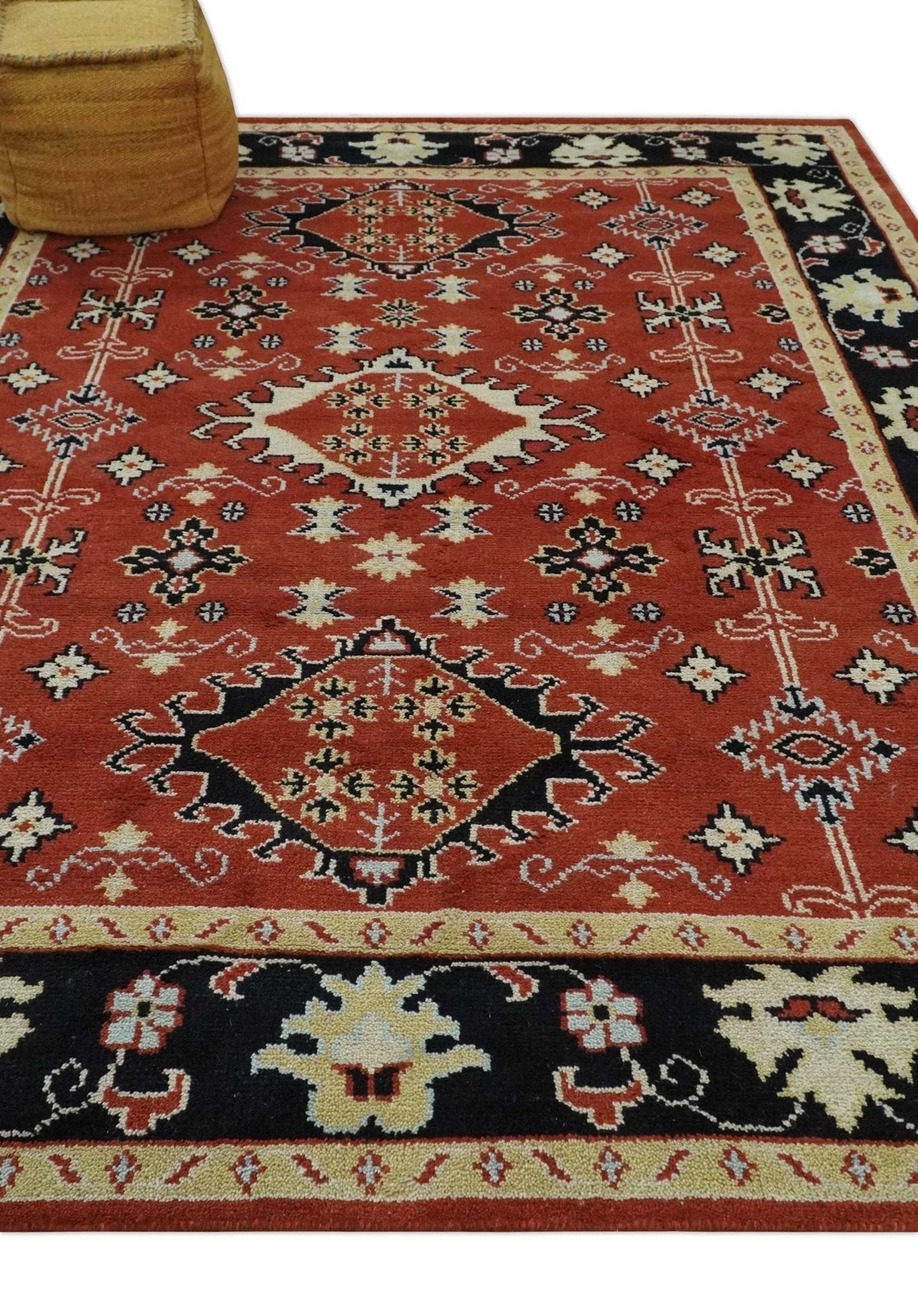 Rust, Black and Beige Traditional Oriental Hand Knotted Custom Made Wool Area Rug.