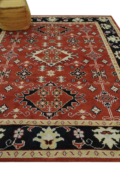 Rust, Black and Beige Traditional Oriental Hand Knotted Custom Made Wool Area Rug.